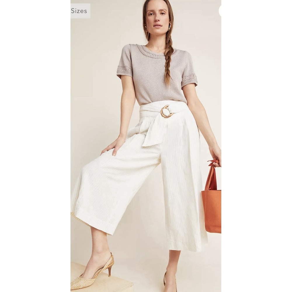 Anthropologie Palm Beach Linen Cropped Wide-Leg Pants Sz 2 Boho Casual‎ Preppy